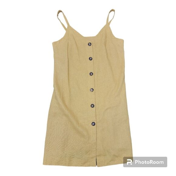 Timing Linen Butter Yellow Lagenlook Mini Dress Button Down Spaghetti Size S - Picture 1 of 6